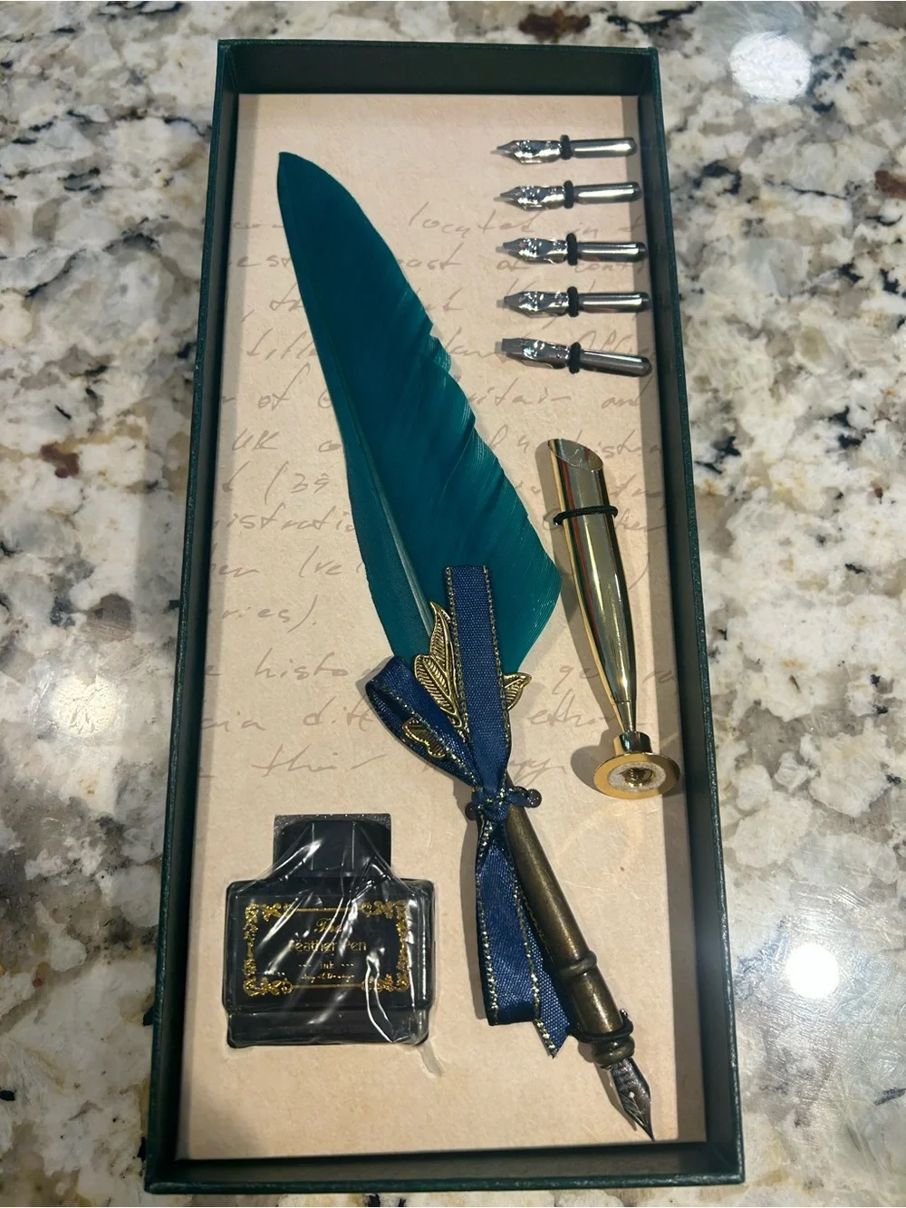 Teal Feather Quill Writing Set with Gold Accents